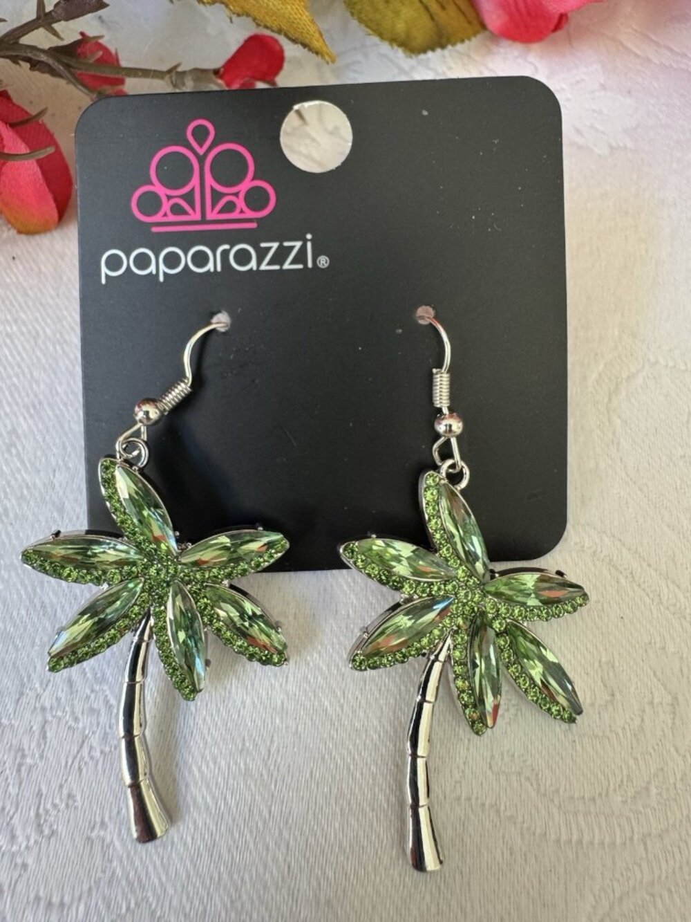 Paparazzi Silvertone Palm Tree Green Rhinestones Dangling Summer Bling 2" NEW